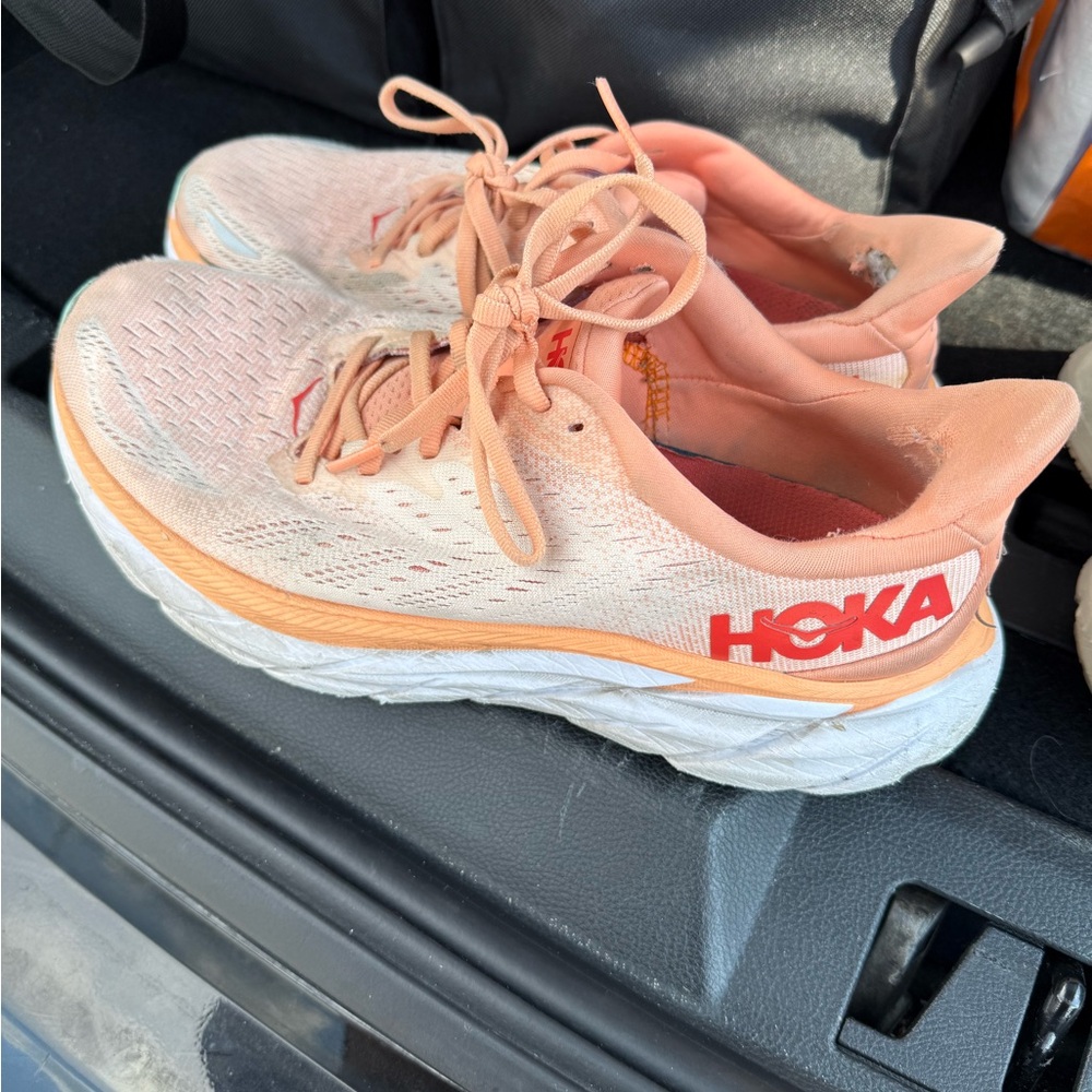 Hoka Orange and White Athletic Shoes with Cushioned Sole